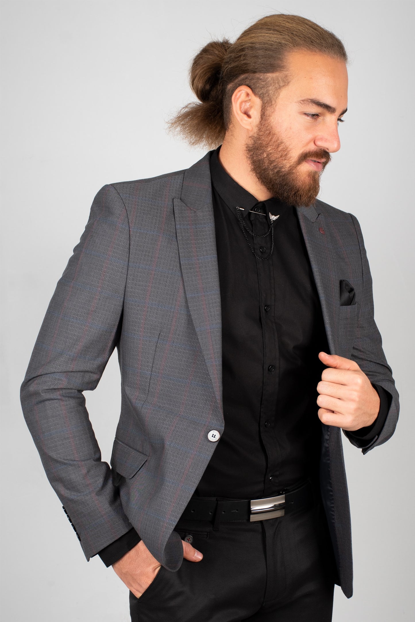 Gray Striped Pattern Slim Fit Jacket